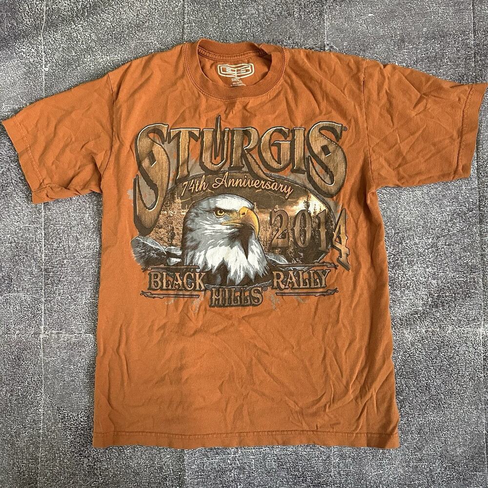 Men's 2014 Sturgis Black Hills Motorcycle Rally Orange Eagle T Shirt Tee Sz S